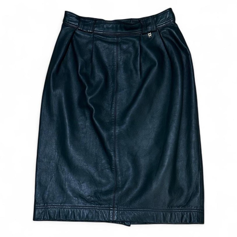 Vintage Forest Green Leather Pencil Skirt | High Waisted Pleated Midi | Size 10